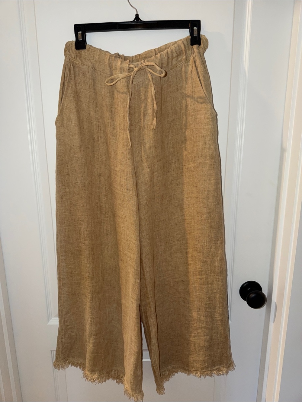 Tempo Paris Wide Leg Linen Blend Pants in Tan with Fringe Hem